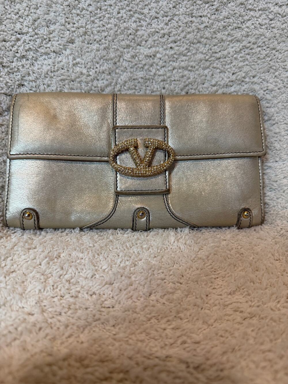 Valentino Garavani V Logo Metallic Gold/Silver Leather Flap Wallet Clutch